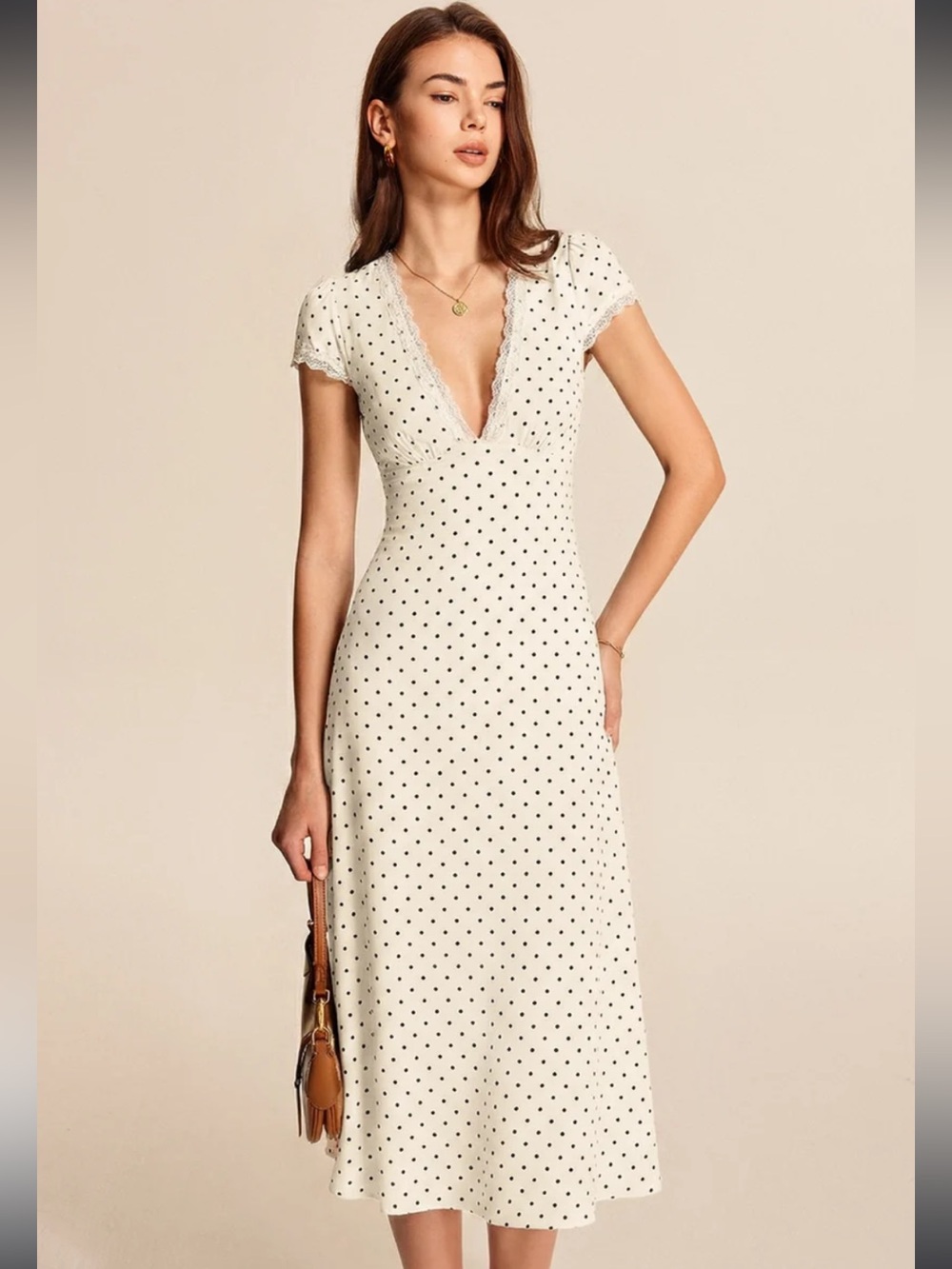 Commense Cream Midi Dress with Black Polka Dots with lace trim
